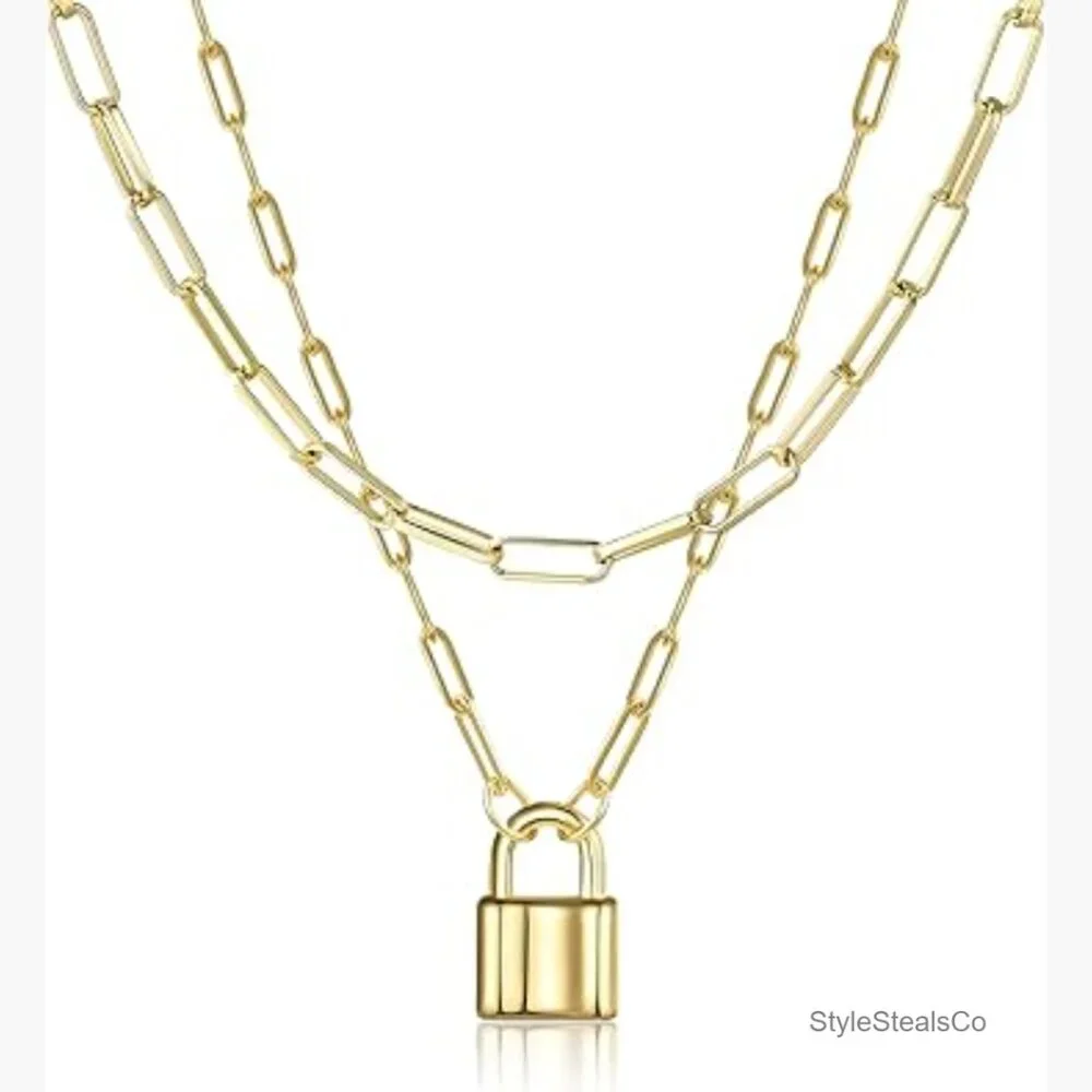 14K Gold Plated Lock Necklace Layered Chain Pendant Jewelry for Kids